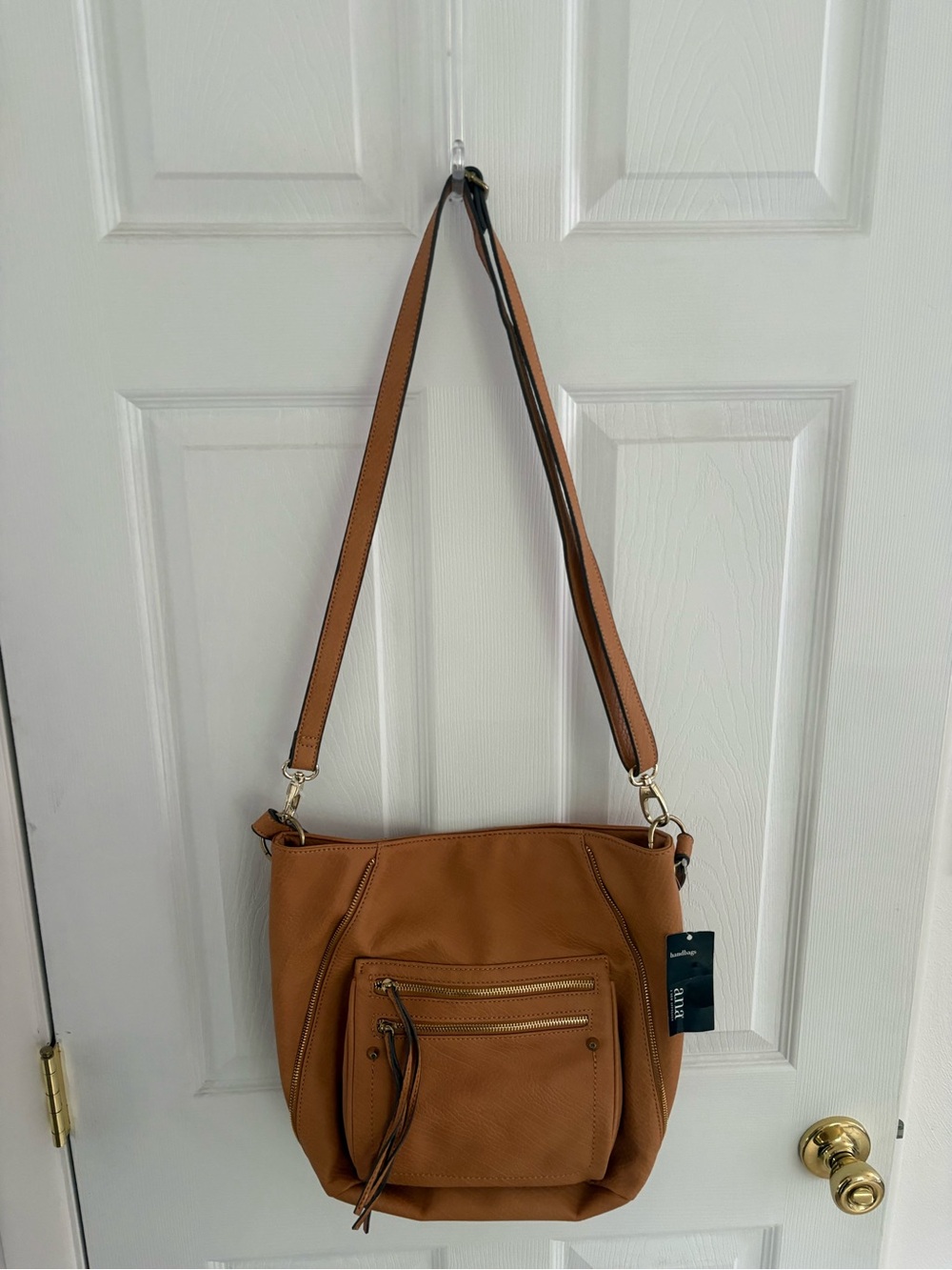 a.n.a Tan Faux-Leather Shoulder Bag with Front Zip Pocket